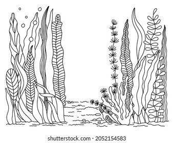 Contorno al fondo marino de dibujos animados, arrecife de coral con algas marinas. Seascape dibujado a mano. El salvaje mundo submarino. Plantas oceánicas, algas. Vida marina. Contorno Ilustración del vector marino para diseño de impresión, página del libro de coloreado