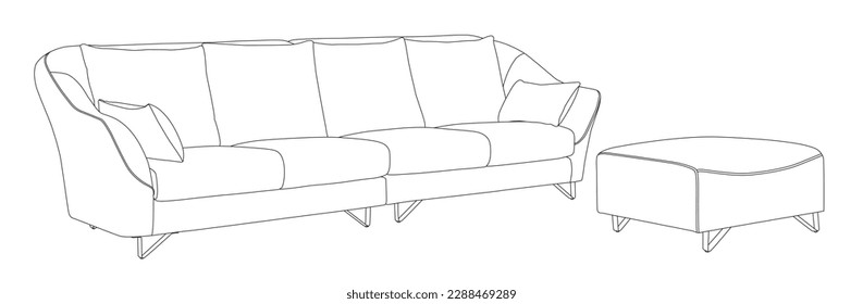Outline cartoon of the single sofa over white background. Modern sofa and armchairs hand drawn vector illustrations collection. Comfortable and cozy soft furniture sketch drawing. Hand-drawn sketch. C