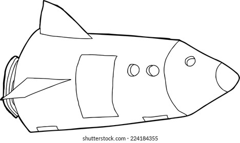 Outline cartoon space rocket over white background