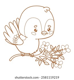 Outline cartoon sparrow on blooming branch. Funny kawaii character little bird. Line drawing, coloring book. Vector illustration. Kids collection