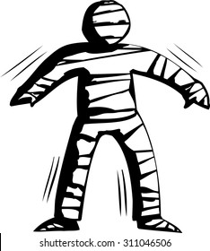 Outline cartoon of stiff mummy trying to walk