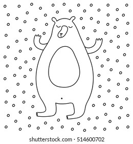 Outline cartoon winter illustration with sweet bear enjoying snow. Cute vector black and white winter illustration. Doodle monochrome winter illustration for prints, posters, t-shirts and cards.