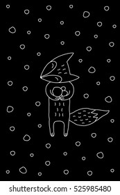 Outline cartoon winter illustration with sweet fox enjoying snow. Cute vector black and white winter illustration. Doodle monochrome winter illustration for prints, posters, t-shirts and cards.