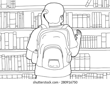 Outline cartoon of woman with backpack reaching for books