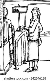 Outline cartoon of woman female for ride on bus