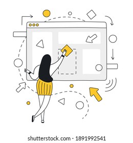 Outline cartoon woman interacting with a browser window, working with UI elements, creation UX structure, or making motion design, the user engagement. Flat line vector illustration on white.