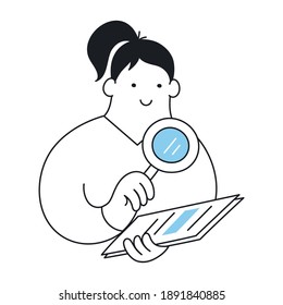 Outline cartoon woman with magnifying glass examines document in her hand. Check, search, audit, reviewing, evaluation. Thin line elegant vector character illustration on white.