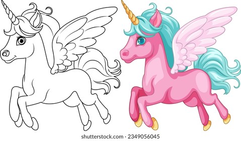 Outline of a cartoon-style unicorn with wings, perfect for coloring