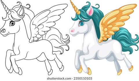 Outline of a cartoon-style unicorn with wings, perfect for coloring pages