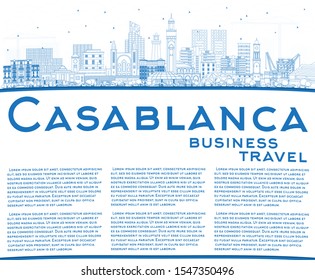 Outline Casablanca Morocco City Skyline with Blue Buildings and Copy Space. Vector Illustration. Business Travel and Concept with Historic Architecture. Casablanca Cityscape with Landmarks.