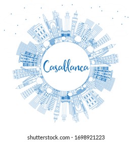Outline Casablanca Morocco City Skyline with Blue Buildings and Copy Space. Vector Illustration. Business Travel and Concept with Historic Architecture. Casablanca Cityscape with Landmarks.