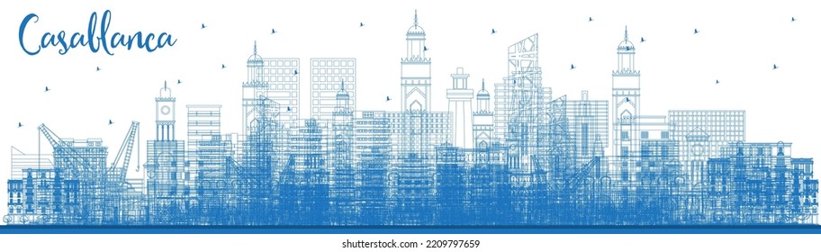 Outline Casablanca Morocco City Skyline with Blue Buildings. Vector Illustration. Business Travel and Concept with Historic Architecture. Casablanca Cityscape with Landmarks. 