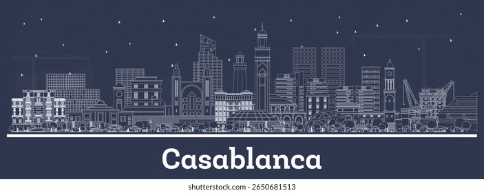 Contorno Casablanca Marrocos City Skyline com edifícios brancos. Ilustração de vetor. Viagens de negócios e conceito com arquitetura histórica. Casablanca Cityscape with Landmarks (em inglês). 