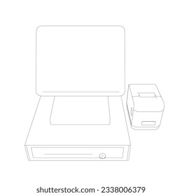 Outline of cash register with bar code reader, credit card reader and receipts printer. Cash machine contour. Vector illustration.