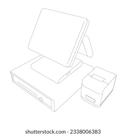 Outline of cash register with bar code reader, credit card reader and receipts printer. Cash machine contour. Vector illustration.