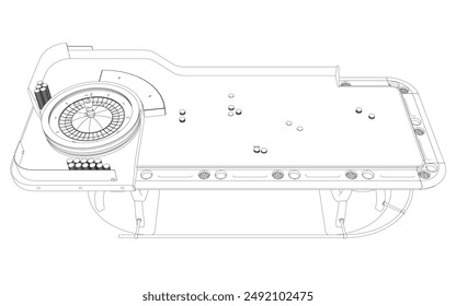 Outline Casino roulette wheel with casino chips on table. View from above. Vector illustration.