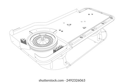 Outline Casino roulette wheel with casino chips on table. View from above. Vector illustration.