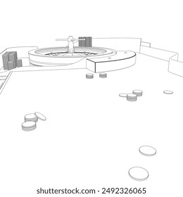 Outline Casino roulette wheel with casino chips on table. View from above. Vector illustration.