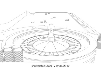 Outline Casino roulette wheel with casino chips on table. View from above. Vector illustration.