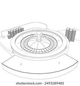 Outline Casino roulette wheel with casino chips on table. View from above. Vector illustration.