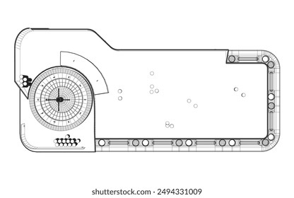 Outline Casino roulette wheel with casino chips on table. View from above. Vector illustration.