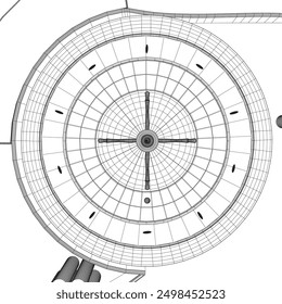 Outline Casino roulette wheel with casino chips on table. View from above. Vector illustration.