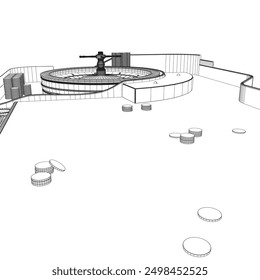 Outline Casino roulette wheel with casino chips on table. View from above. Vector illustration.