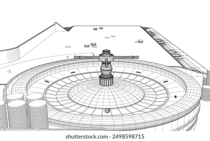 Outline Casino roulette wheel with casino chips on table. View from above. Vector illustration.