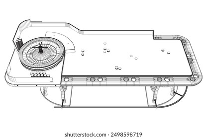 Outline Casino roulette wheel with casino chips on table. View from above. Vector illustration.