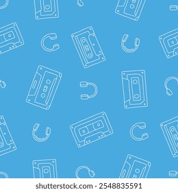 Outline Cassette Tape Headphones Vector Seamless Pattern illustration Design