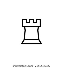 An outline of a castle rook or tower with a flared base, straight sides, and a crenelated top with three merlons. Designed in a minimalist, flat 2D vector style.