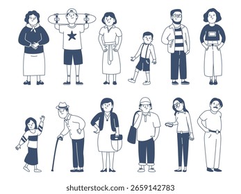 Gliedern Sie Gelegenheitszeichen. Verschiedenes Alter moderne Menschen, Jugendliche, junge Erwachsene, Kinder und Senioren. Einzeln doodle mann und frau, mädchen, junge, vor kurzem vektor satz