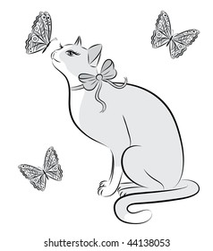 Outline of a cat and butterflies.