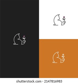 Outline cat and flower cartoon vector logo set