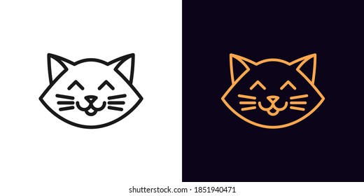 Outline Cat Head, Icon With Editable Stroke. Linear Kitten Face With Whiskers, Cute And Funny Cat Emoji. Outline Silhouette Of Cartoon Kitten. Vector Icon, Sign, Symbol For UI And Animation