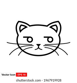 Outline cat head, icon with editable stroke. Linear kitten face with whiskers, cute and funny cat emoji. 