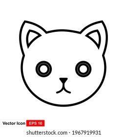 Outline cat head, icon with editable stroke. Linear kitten face with whiskers, cute and funny cat emoji. 