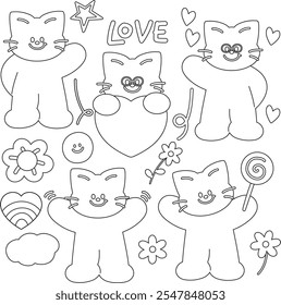 Esquema de gato, corazón, flor, estrella, caramelo de piruleta, cartas de amor para el libro de colorear del niño, arte, pintura, bosquejo, dibujos animados de gatitos, personaje, tienda de mascotas, veterinario, standee, adoptar y rescatar mascotas, hogar de acogida