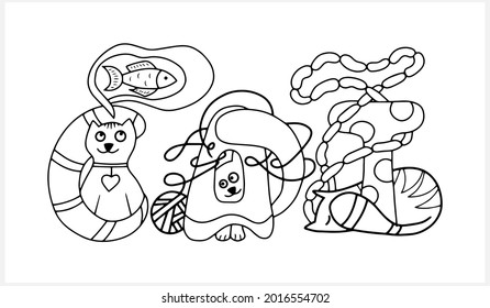 Outline cat lettering isolated on white. Cat dreams sausage and fish. Animal design. Doodle hand drawn art. Sketch pet. Vector stock illustration. EPS 10