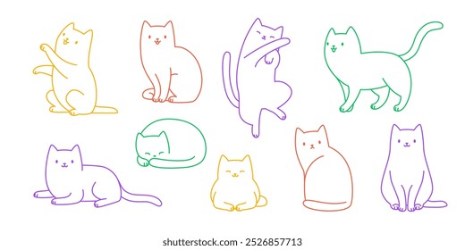 Contorno de pose de gato definido. Coleção de gatos de linha de vetor bonito. Feixe de silhueta colorido gatinhos.