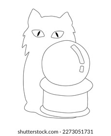 Esbozo de la sombra del gato con los ojos y una bola de adivinación. Ilustración vectorial en fondo blanco