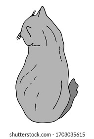 Outline cat sitting. Hand drawn ccolored contour vector illustration. Back view of cute grey kitten for decoration, cards, banners, cattery, pet shop, print