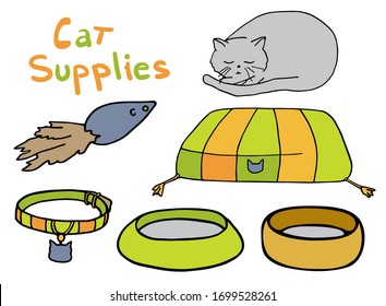 Outline cat supplies set. Hand drawn colorful contour vector illustration. Pet lounger, bowl, toy, collar and cute sleepy kitten for decoration, banners, print, cattery, veterinary, pet shop