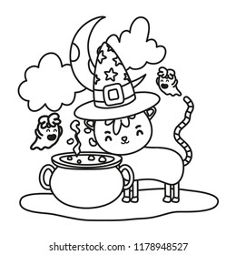 outline cat wearing hat with pot cauldron and ghost