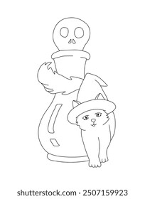 Outline of cat wearing a witch hat and a potion bottle with a skull cap. Vector illustration on a white background