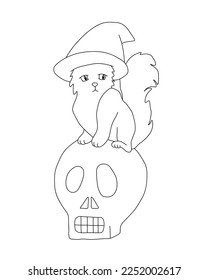 Outline of cat in a witch hat sits on a skull. Vector illustration on a white background