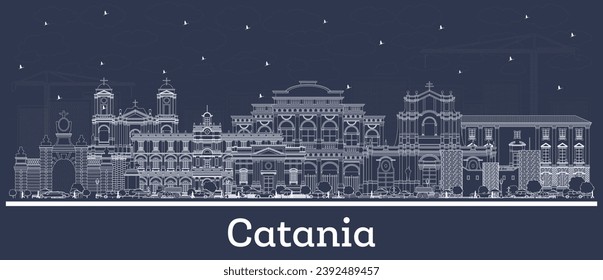 Outline Catania Italy city skyline with white buildings. Vector illustration. Business travel and tourism concept with historic architecture. Catania cityscape with landmarks.