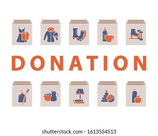 Outline categories of things to give in cardboard box: food, clothes, baby toys, shoes, interior stuffs. Horizontal donation poster. Trendy linear icons. Color illustration. Flat isolated vector