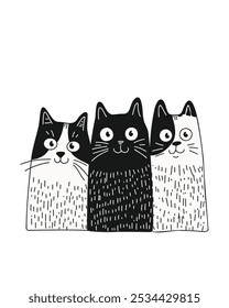 Outline cats in black and white style, doodle style, hand-drawn, on a white background