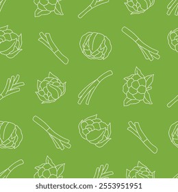 Outline Cauliflower Leek Vegetable Vector Seamless Pattern illustration Design